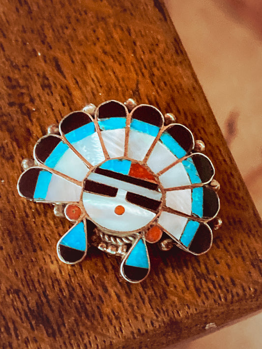 Vintage Zuni Sunface Sterling Silver Stone Inlay Pendant Brooch Pin