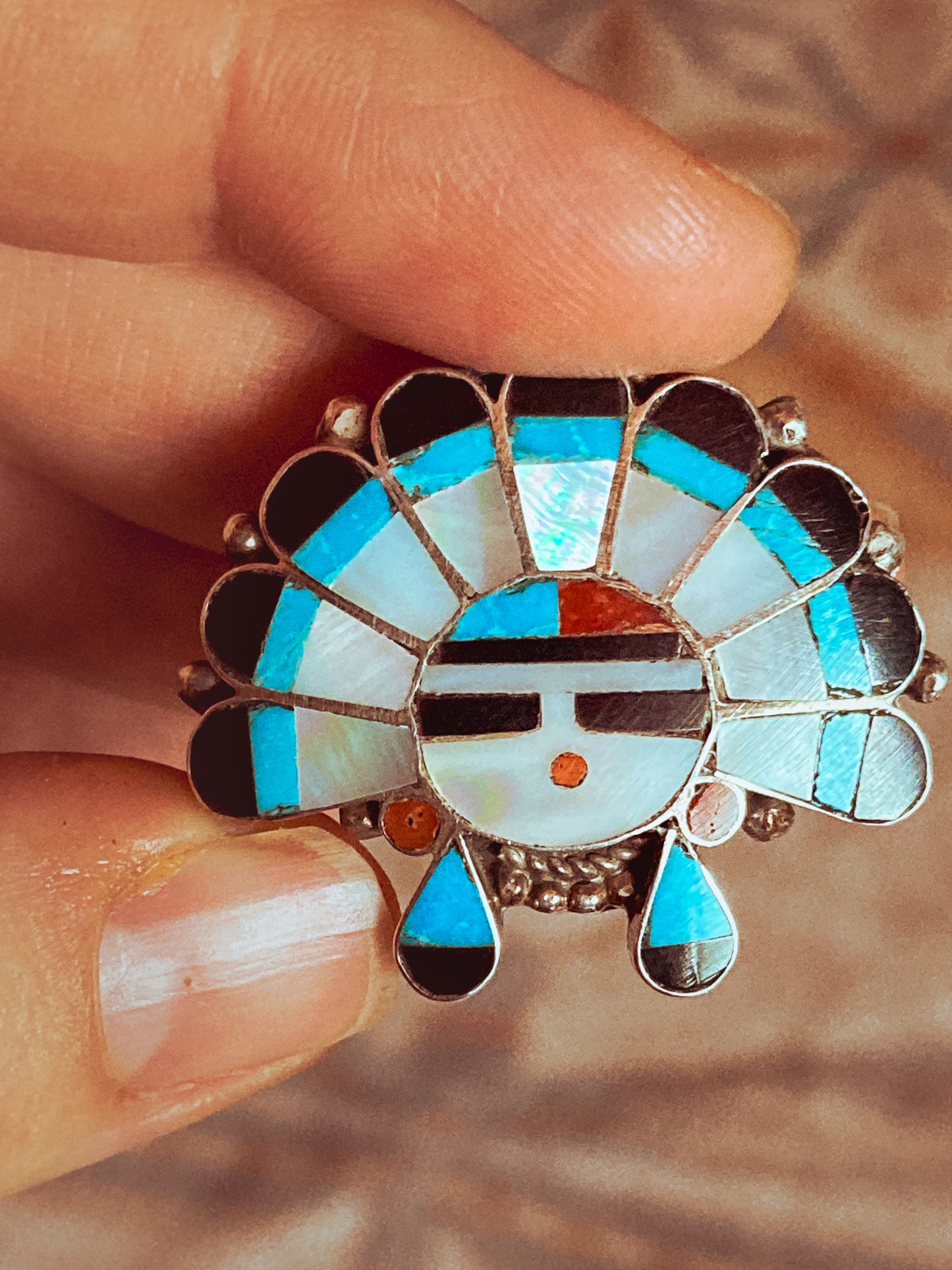 Vintage Zuni Sunface Sterling Silver Stone Inlay Pendant Brooch Pin