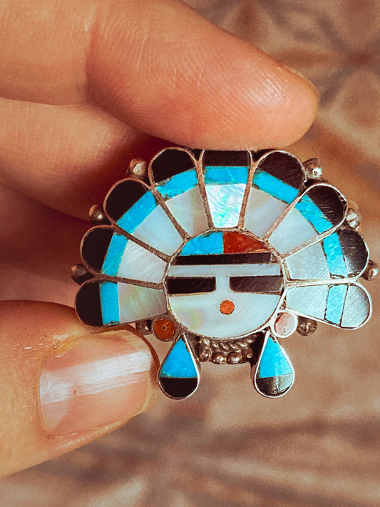 Vintage Zuni Sunface Sterling Silver Stone Inlay Pendant Brooch Pin