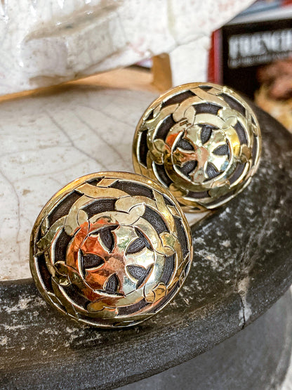 Vintage John Hardy 18K Yellow Gold Sterling Silver Circular Geometric Post Earrings