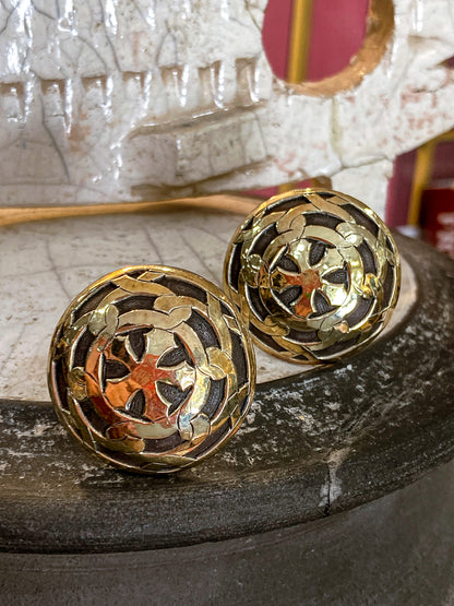 Vintage John Hardy 18K Yellow Gold Sterling Silver Circular Geometric Post Earrings