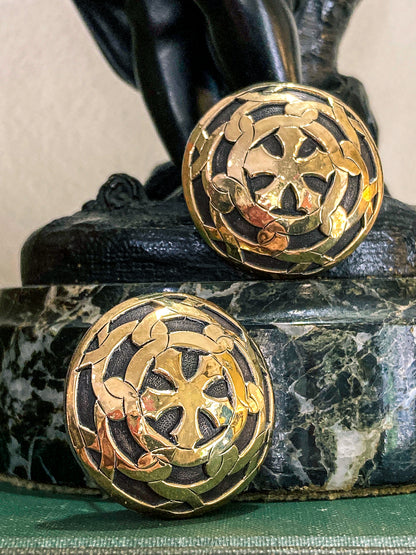 Vintage John Hardy 18K Yellow Gold Sterling Silver Circular Geometric Post Earrings