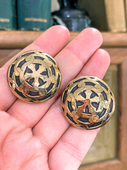 Vintage John Hardy 18K Yellow Gold Sterling Silver Circular Geometric Post Earrings