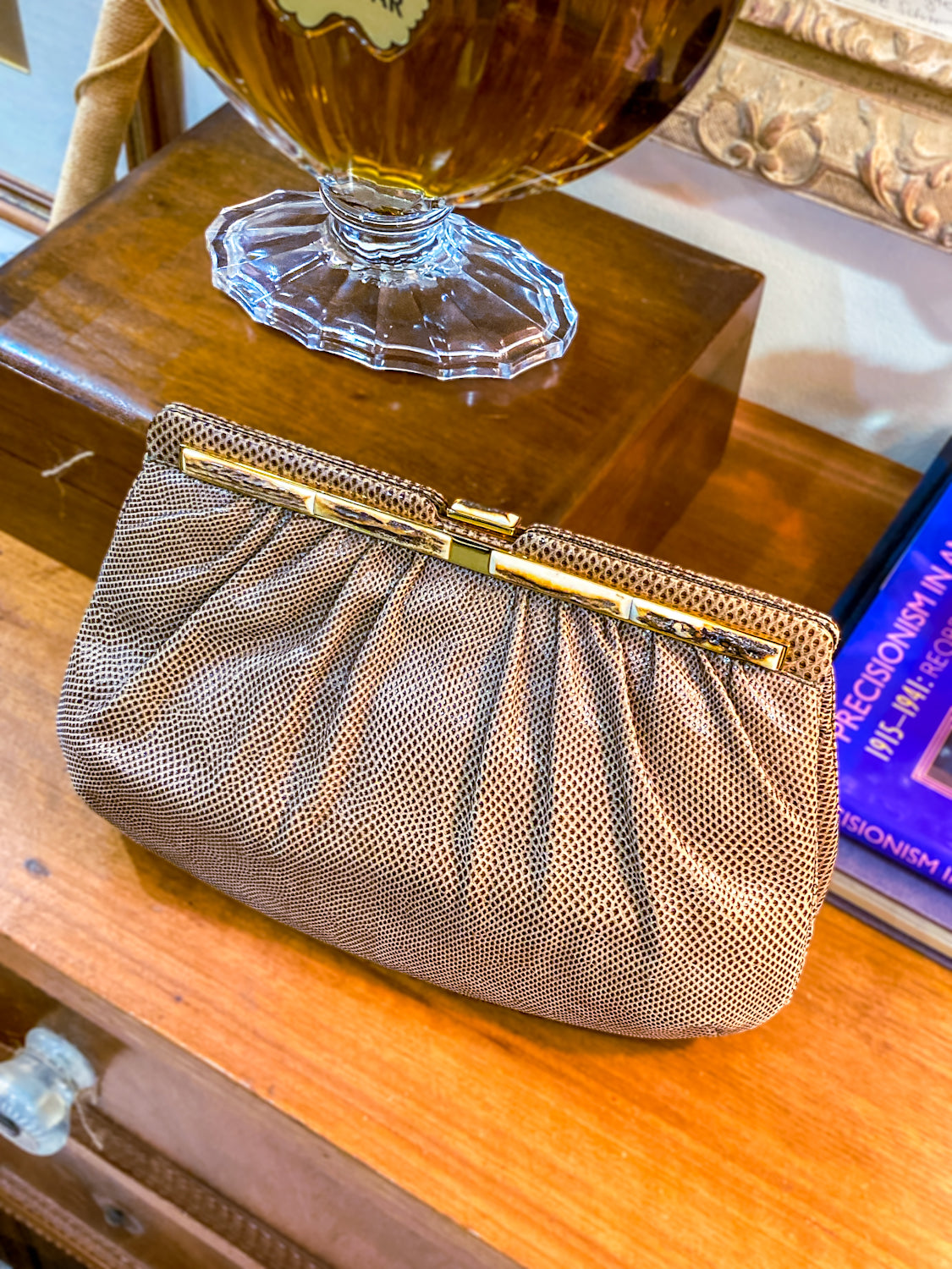 Vintage Judith Leiber Horn Lizard Leather Beige Handbag Clutch Crossbody Purse