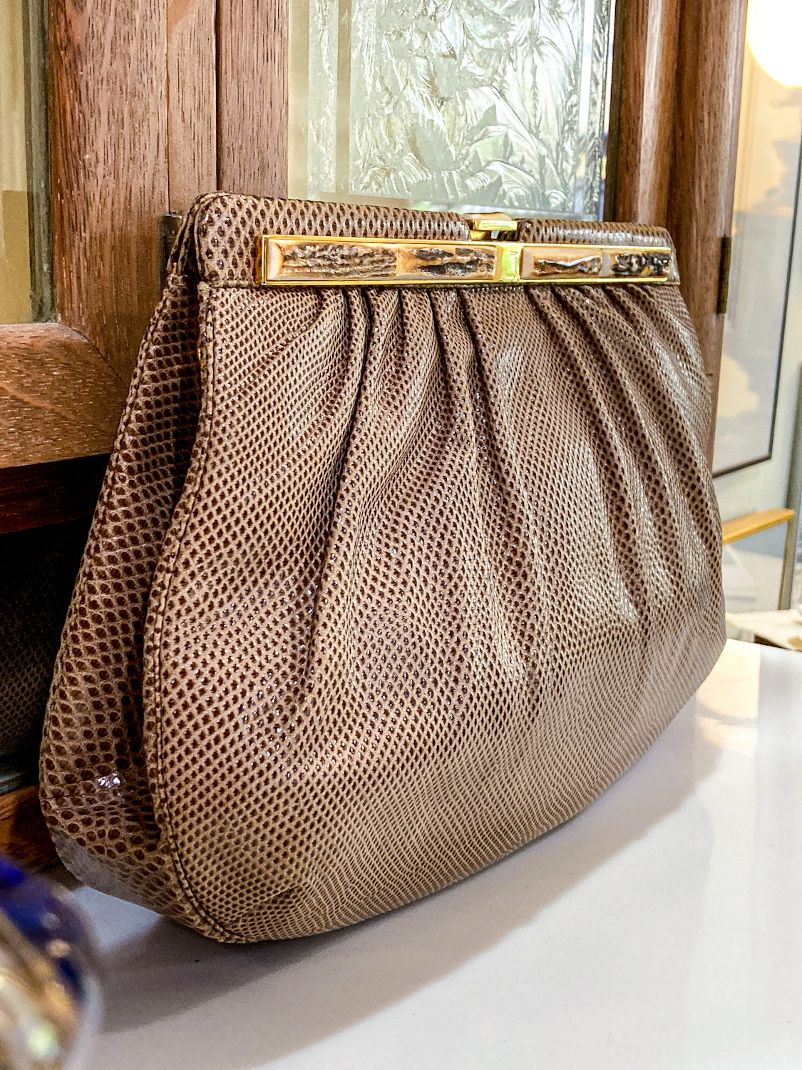 Vintage Judith Leiber Horn Lizard Leather Beige Handbag Clutch Crossbody Purse