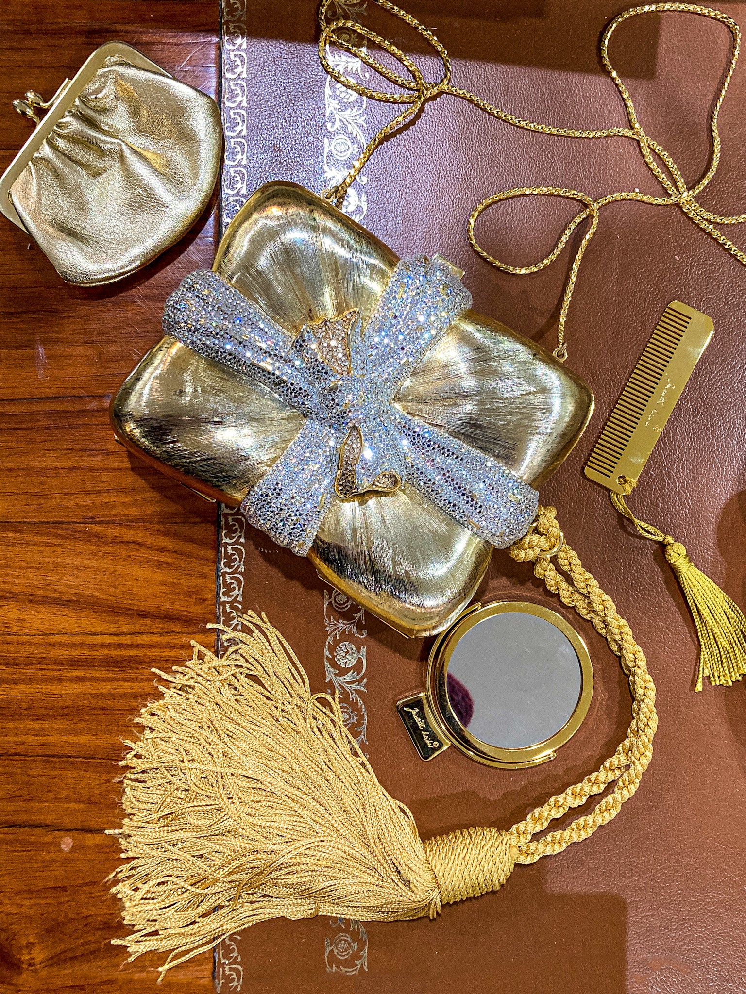 Vintage Judith Leiber Swarovski Crystal Gold Present Large Tassel Crossbody Clutch Bag