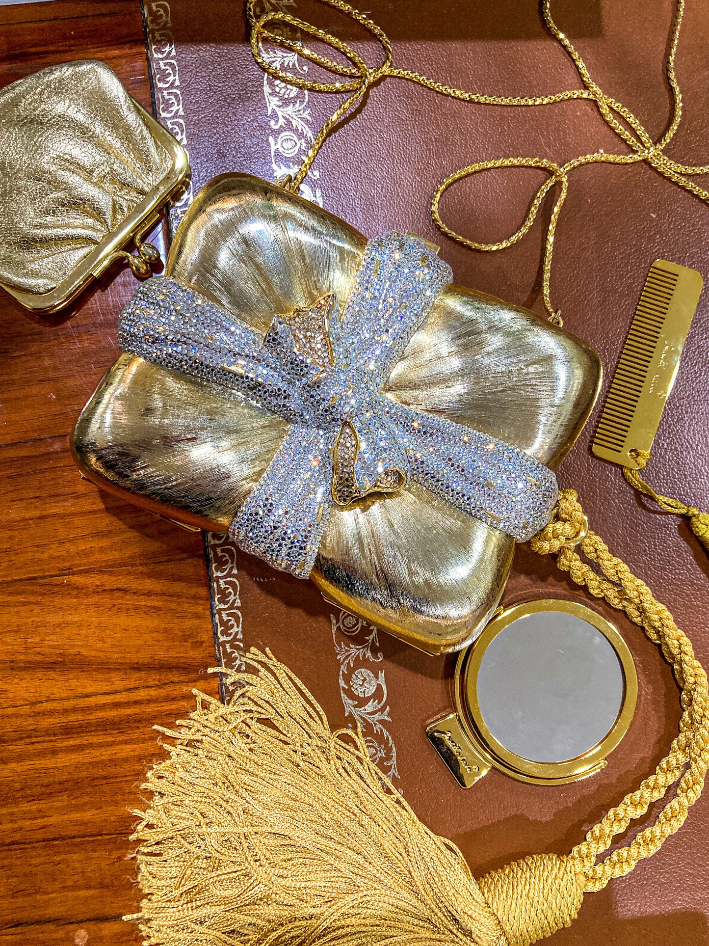 Vintage Judith Leiber Swarovski Crystal Gold Present Large Tassel Crossbody Clutch Bag