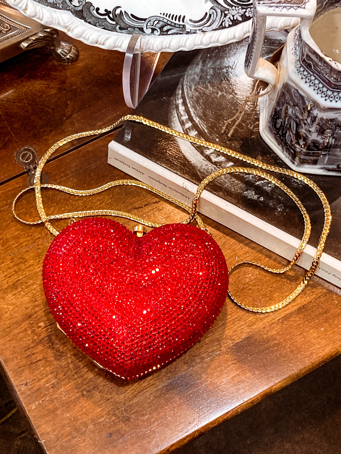 Vintage Judith Leiber Red Rhinestone Heart Shaped Clutch Purse Handbag