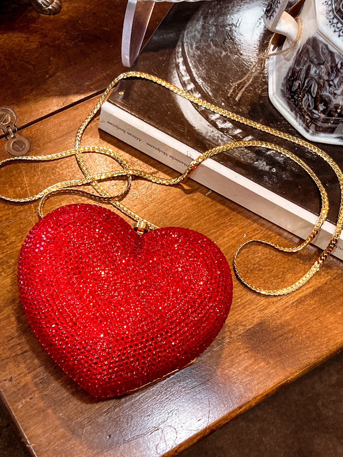 Vintage Judith Leiber Red Rhinestone Heart Shaped Clutch Purse Handbag