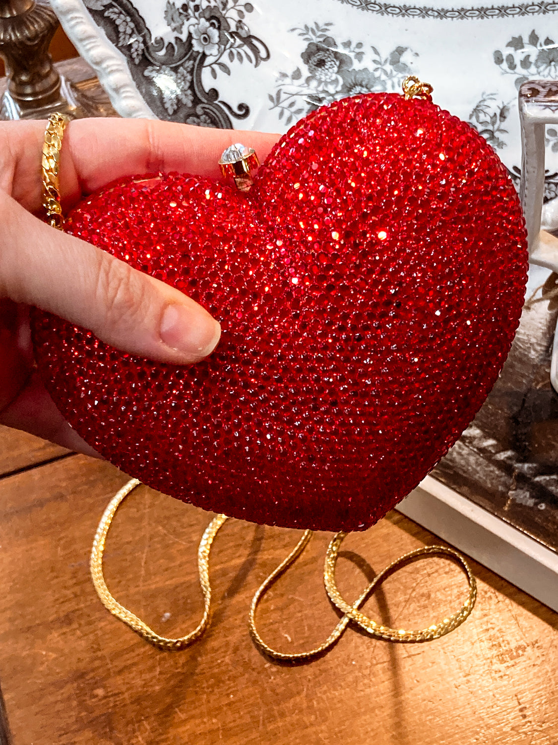Vintage Judith Leiber Red Rhinestone Heart Shaped Clutch Purse Handbag