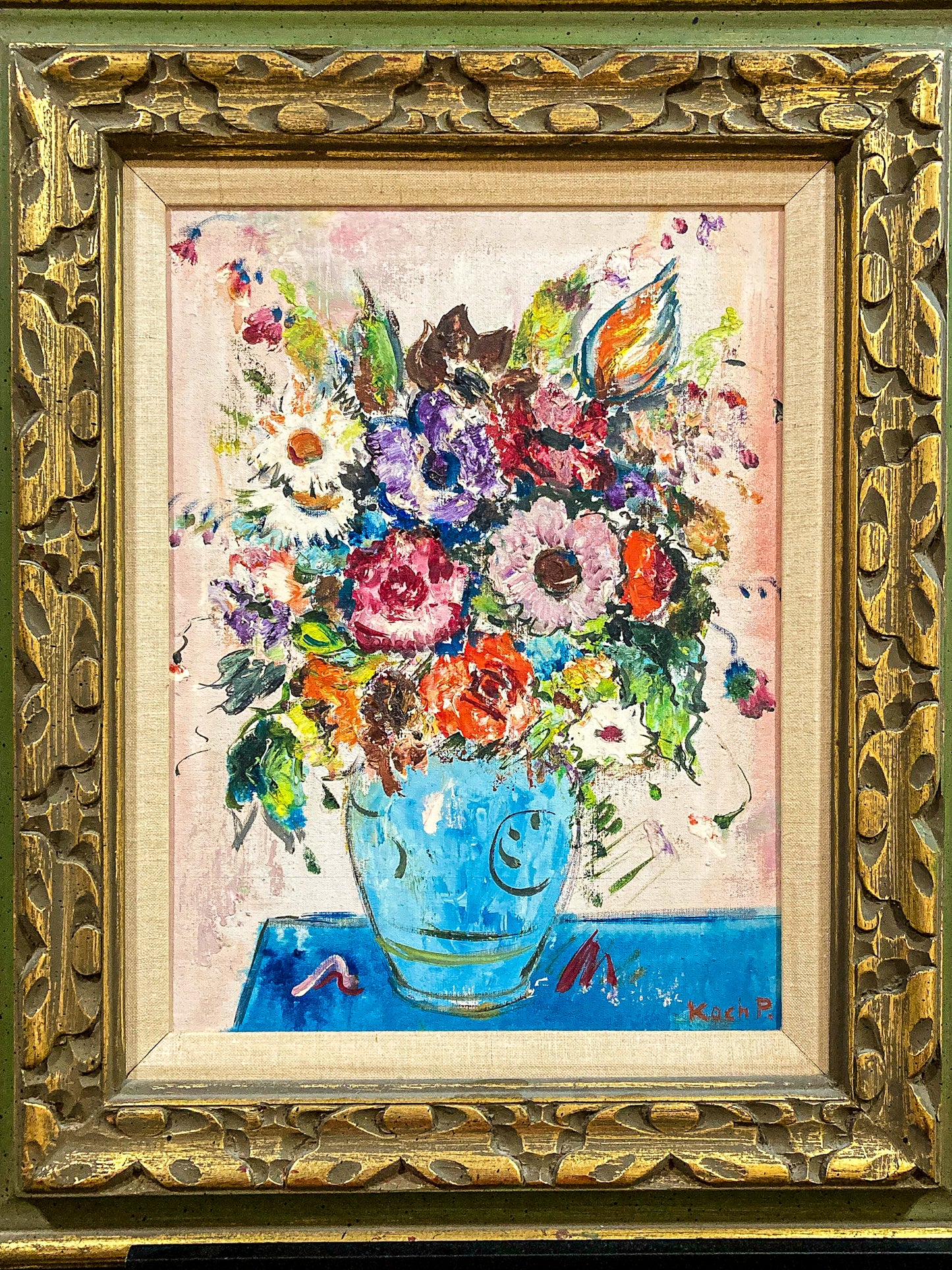 Colorful Vintage Mid 20th Century Floral Still Life P Koch Framed Painting
