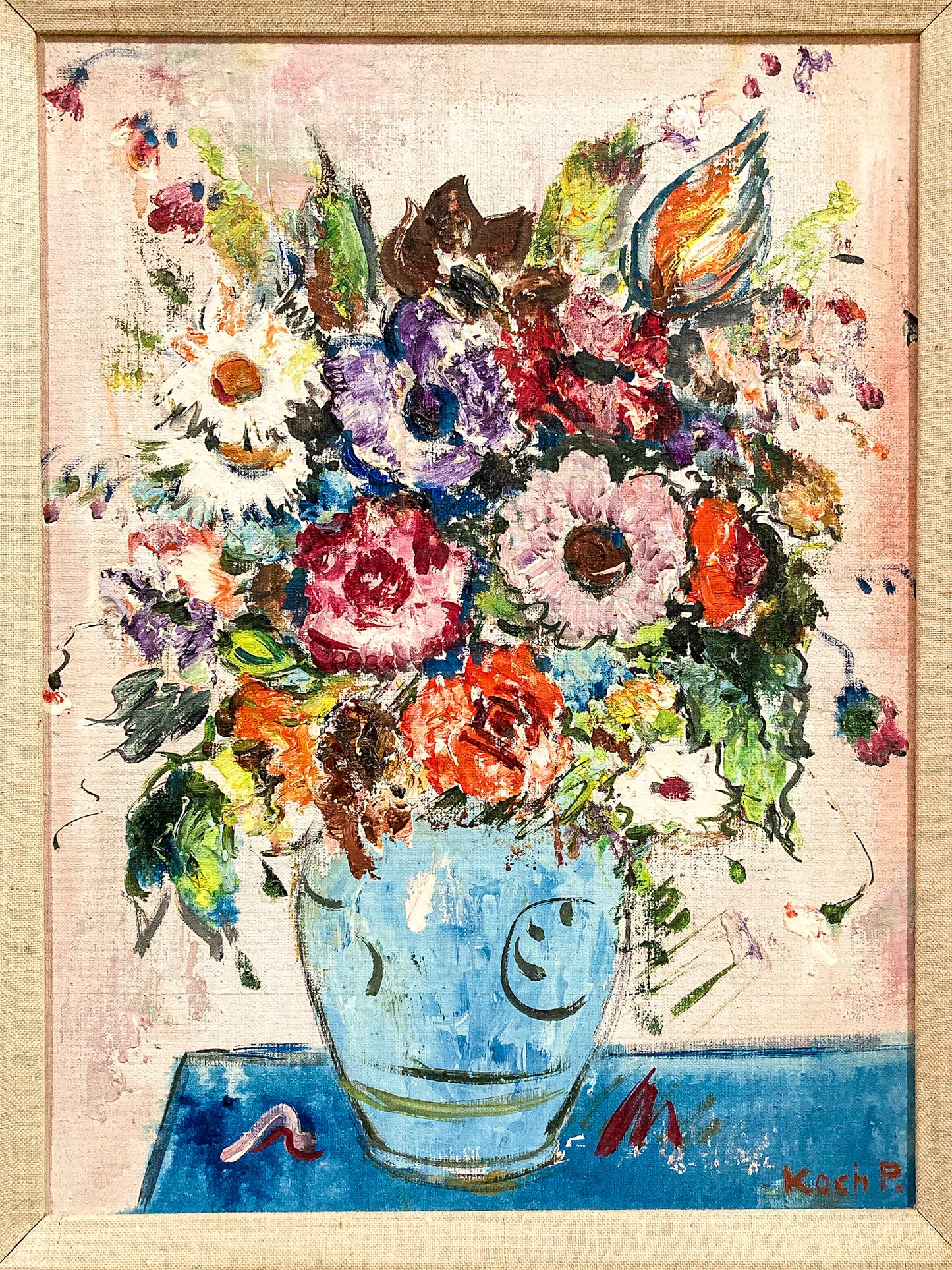Colorful Vintage Mid 20th Century Floral Still Life P Koch Framed Painting