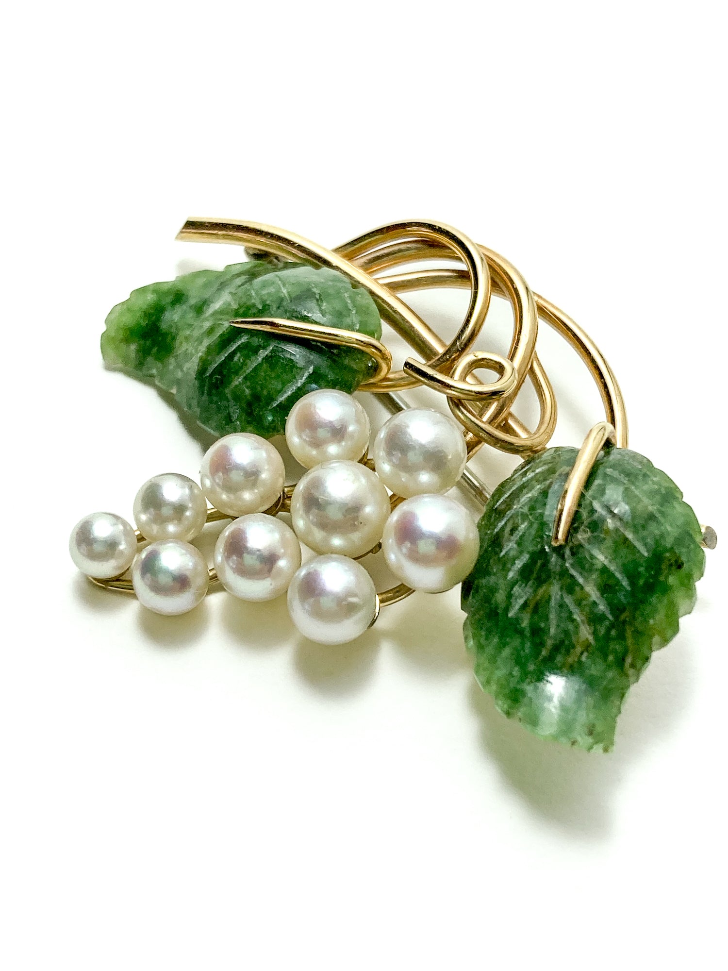 Vintage Krementz Nephrite Pearl Grapes Gold Coated Earrings Brooch Set
