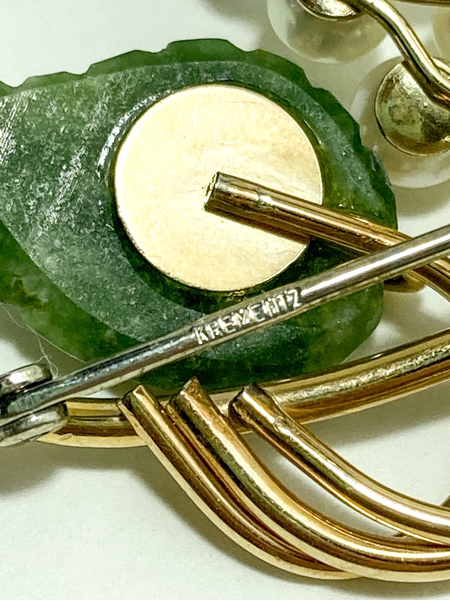 Vintage Krementz Nephrite Pearl Grapes Gold Coated Earrings Brooch Set