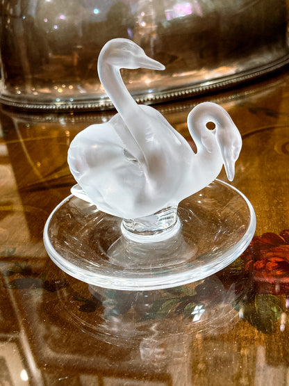 Vintage Lalique France Clear Frosted Crystal Two Swans Ring Dish