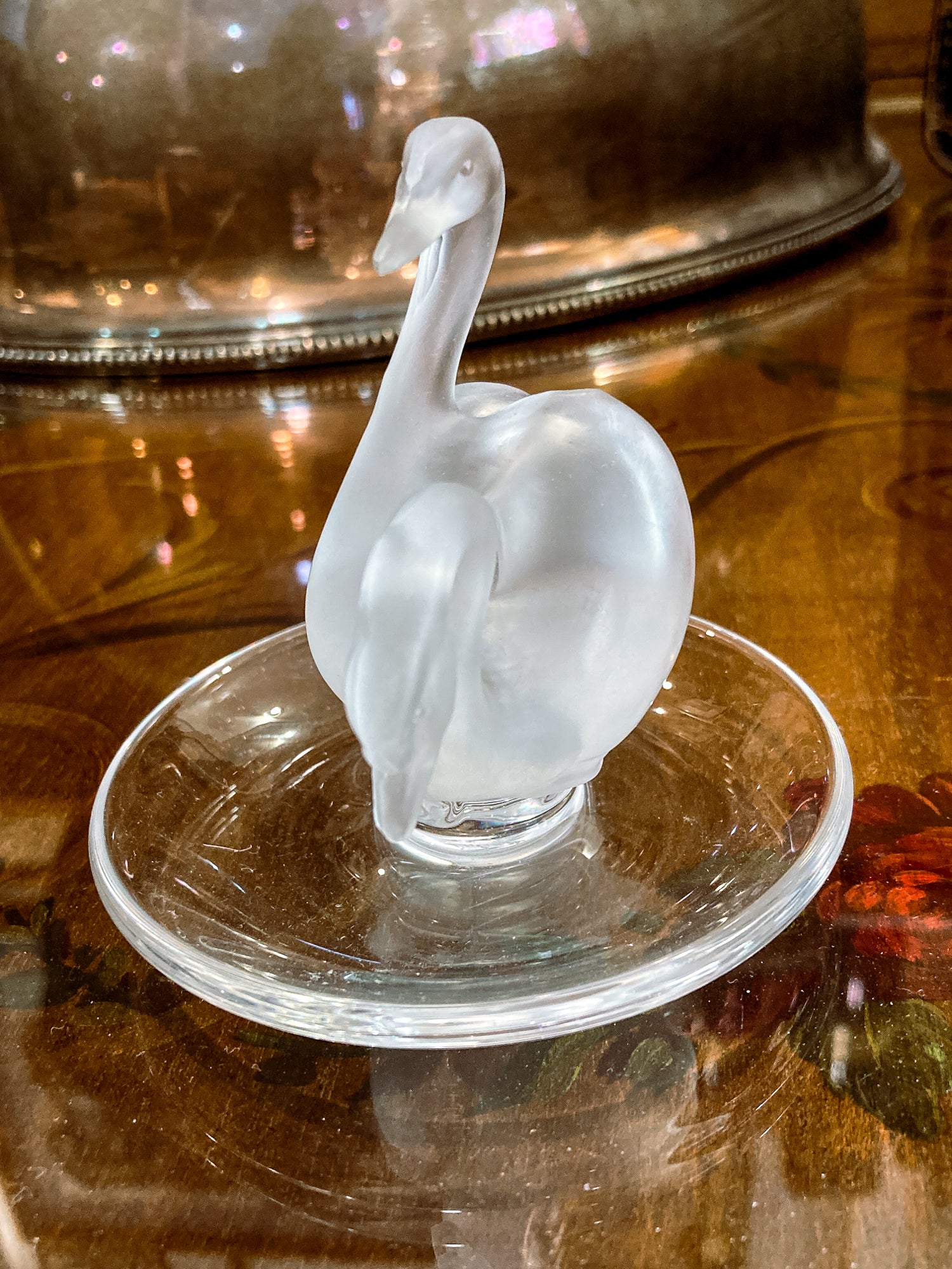 Vintage Lalique France Clear Frosted Crystal Two Swans Ring Dish