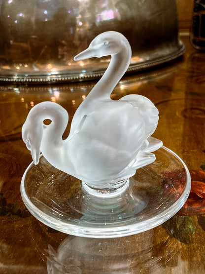 Vintage Lalique France Clear Frosted Crystal Two Swans Ring Dish