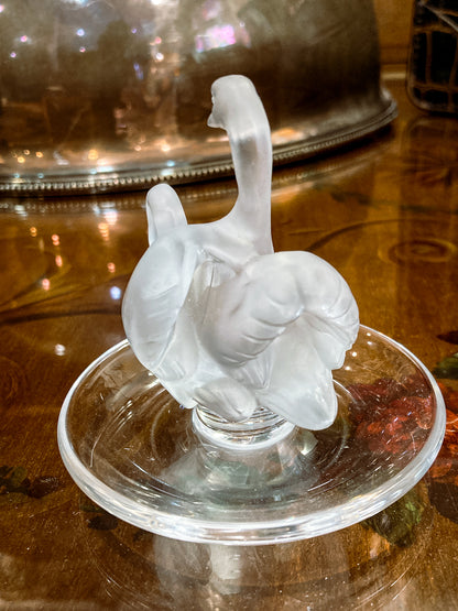 Vintage Lalique France Clear Frosted Crystal Two Swans Ring Dish
