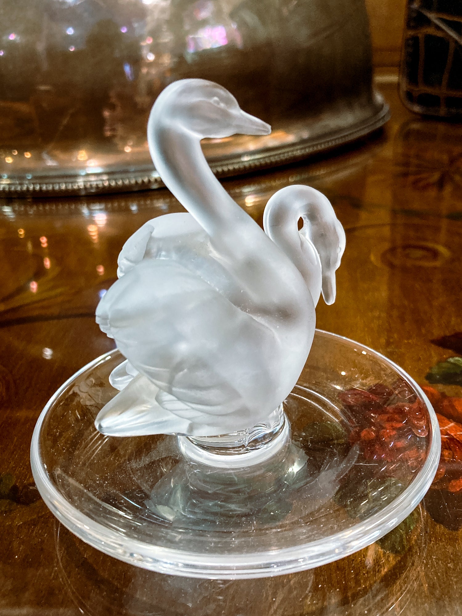 Vintage Lalique France Clear Frosted Crystal Two Swans Ring Dish