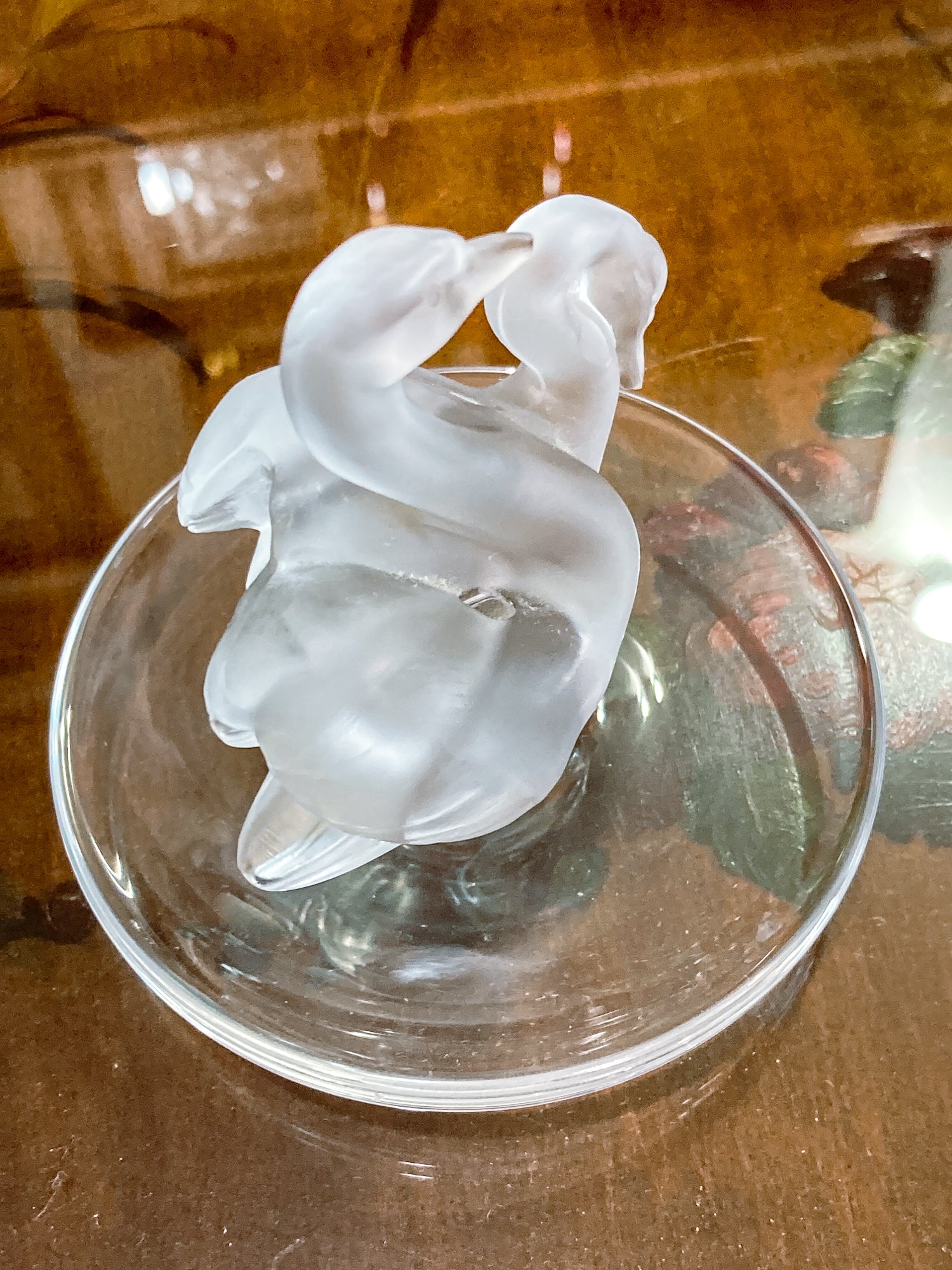 Vintage Lalique France Clear Frosted Crystal Two Swans Ring Dish