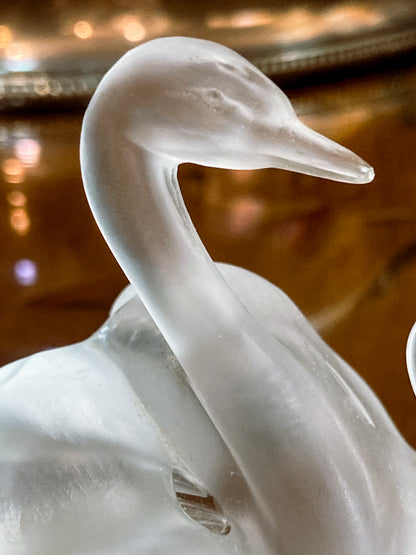 Vintage Lalique France Clear Frosted Crystal Two Swans Ring Dish