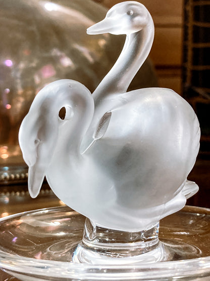 Vintage Lalique France Clear Frosted Crystal Two Swans Ring Dish