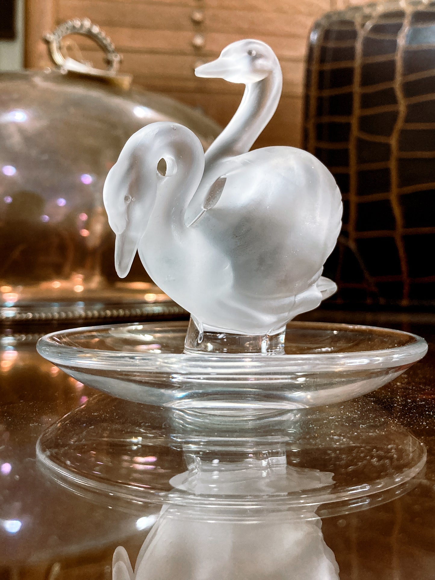 Vintage Lalique France Clear Frosted Crystal Two Swans Ring Dish