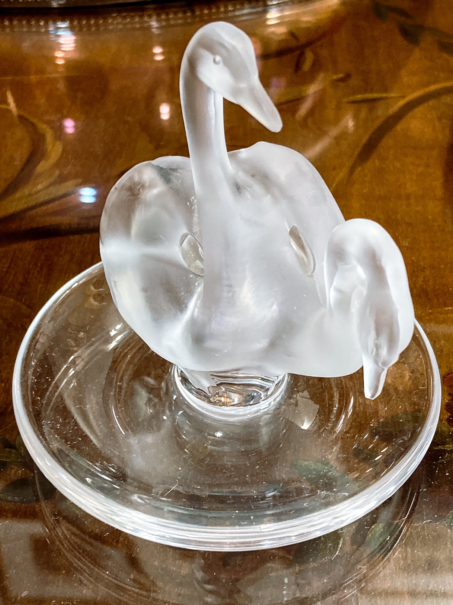 Vintage Lalique France Clear Frosted Crystal Two Swans Ring Dish