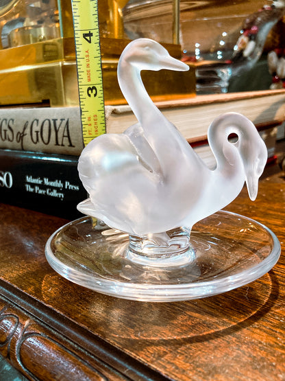 Vintage Lalique France Clear Frosted Crystal Two Swans Ring Dish