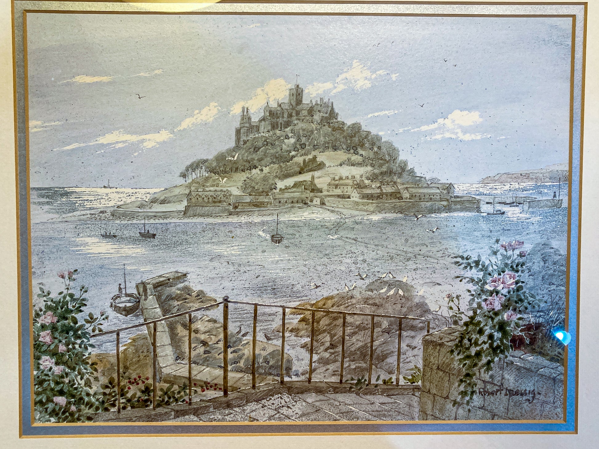 Vintage Robert Laessig St Michael's Mount Watercolor Framed Landscape Painting