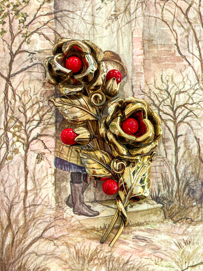 Vintage Large 1940s Trifari Floral Gold Tone Red Faux Stone Fur Clip Brooch