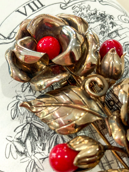 Vintage Large 1940s Trifari Floral Gold Tone Red Faux Stone Fur Clip Brooch