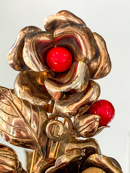 Vintage Large 1940s Trifari Floral Gold Tone Red Faux Stone Fur Clip Brooch