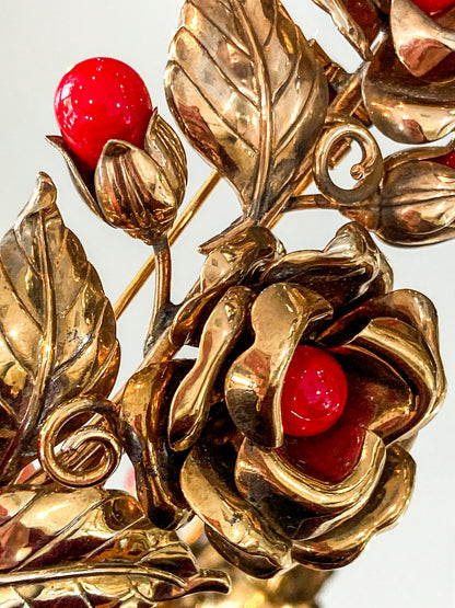 Vintage Large 1940s Trifari Floral Gold Tone Red Faux Stone Fur Clip Brooch