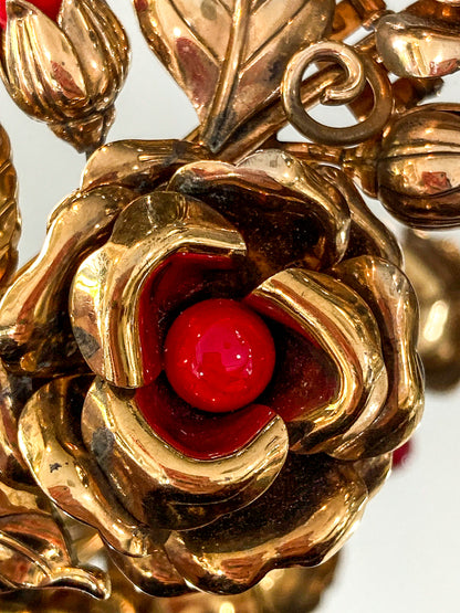 Vintage Large 1940s Trifari Floral Gold Tone Red Faux Stone Fur Clip Brooch