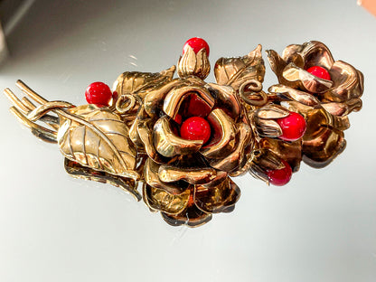 Vintage Large 1940s Trifari Floral Gold Tone Red Faux Stone Fur Clip Brooch