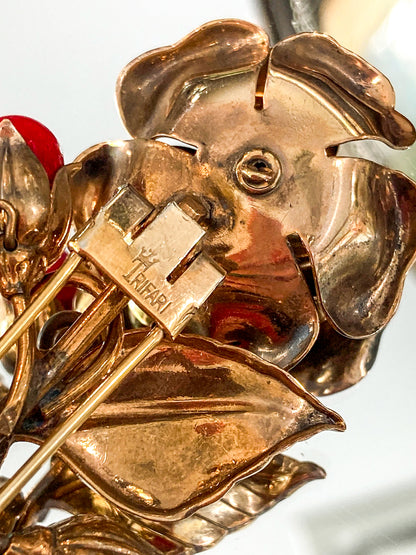 Vintage Large 1940s Trifari Floral Gold Tone Red Faux Stone Fur Clip Brooch