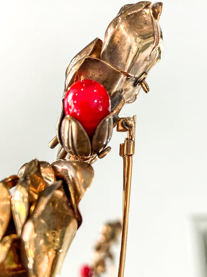 Vintage Large 1940s Trifari Floral Gold Tone Red Faux Stone Fur Clip Brooch