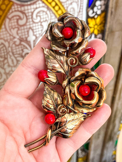 Vintage Large 1940s Trifari Floral Gold Tone Red Faux Stone Fur Clip Brooch