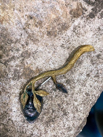 Vintage Linda Hesh Sculptural Branch Leaf Mask Face Brooch Pin