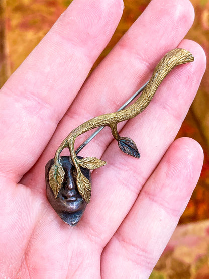 Vintage Linda Hesh Sculptural Branch Leaf Mask Face Brooch Pin