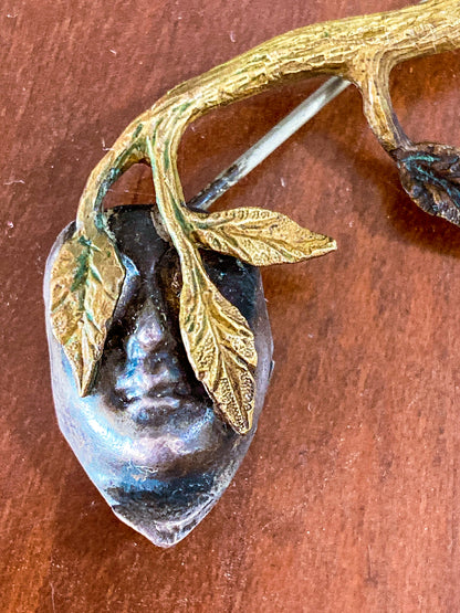 Vintage Linda Hesh Sculptural Branch Leaf Mask Face Brooch Pin