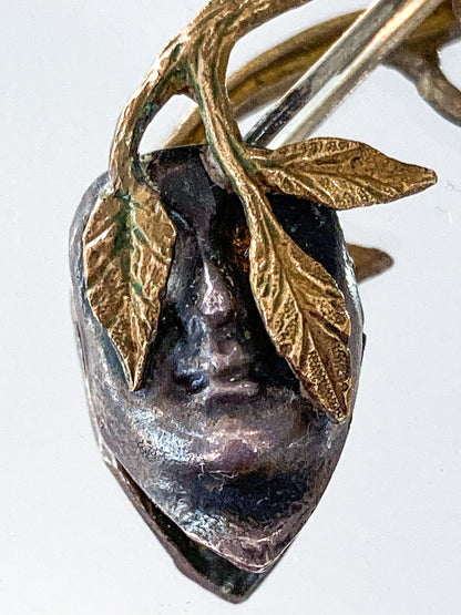 Vintage Linda Hesh Sculptural Branch Leaf Mask Face Brooch Pin