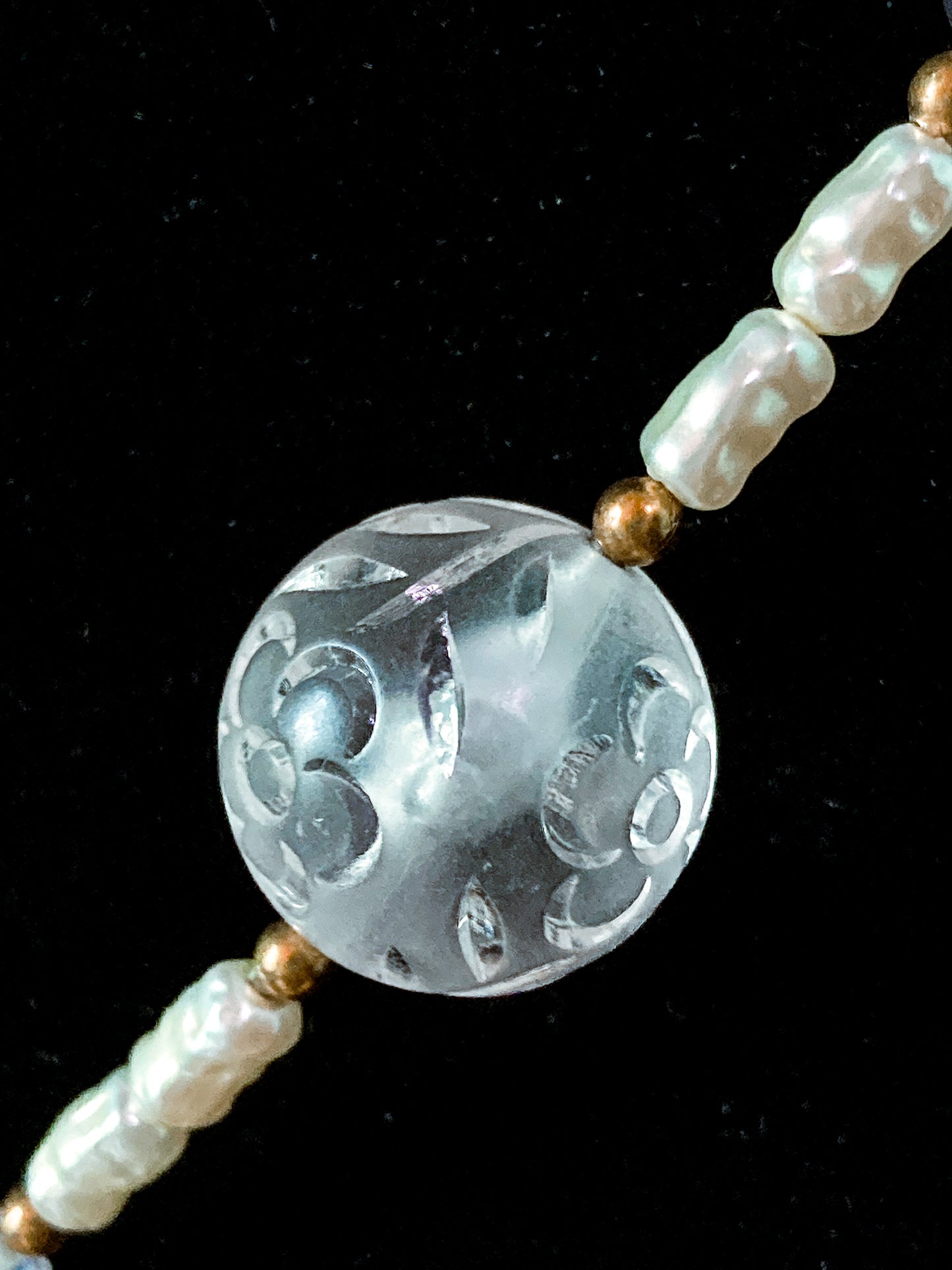 Vintage Lois Becker Handmade Druzy Quartz Pendant Pearl Acrylic Bead Necklace