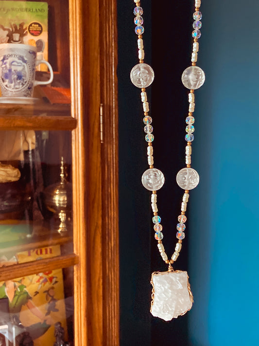 Vintage Lois Becker Handmade Druzy Quartz Pendant Pearl Acrylic Bead Necklace