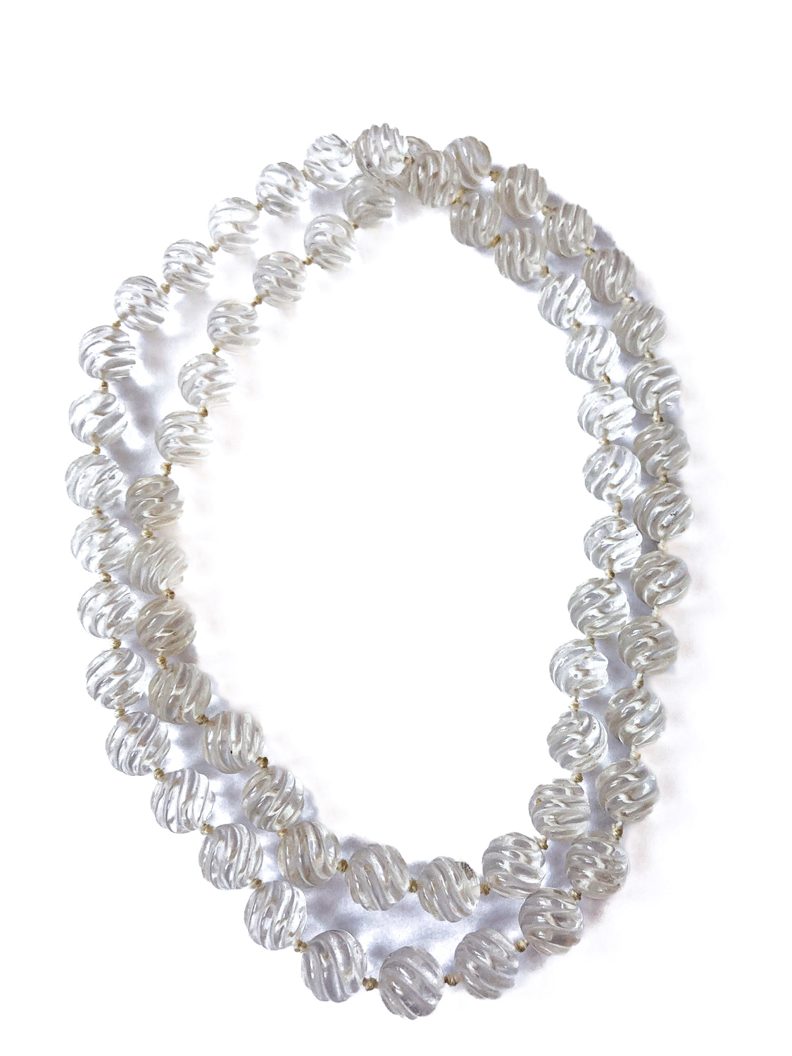 Spiral Carved Rock Crystal Hand Knotted 32" Long Beaded Rope Necklace