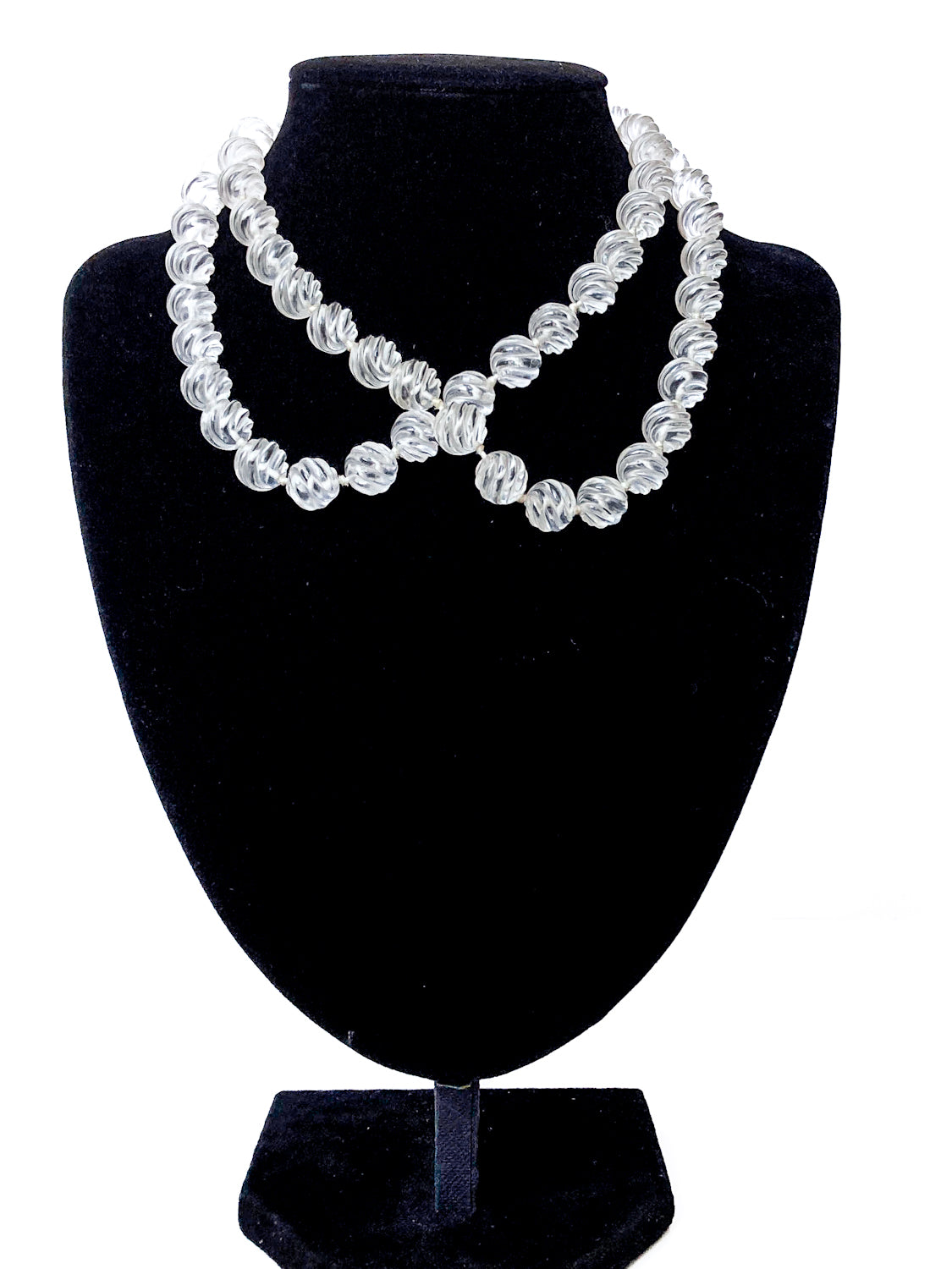 Spiral Carved Rock Crystal Hand Knotted 32" Long Beaded Rope Necklace