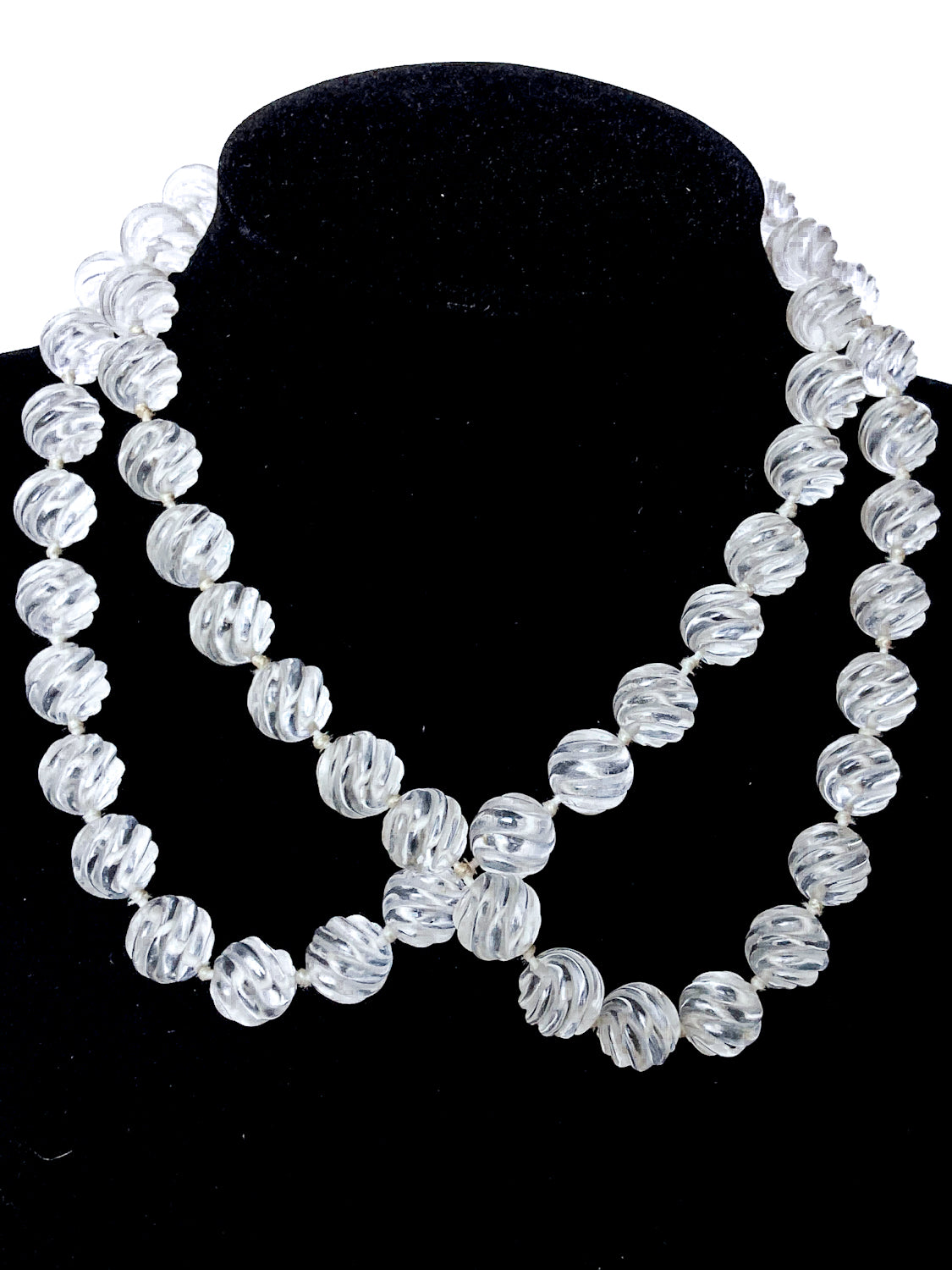 Spiral Carved Rock Crystal Hand Knotted 32" Long Beaded Rope Necklace