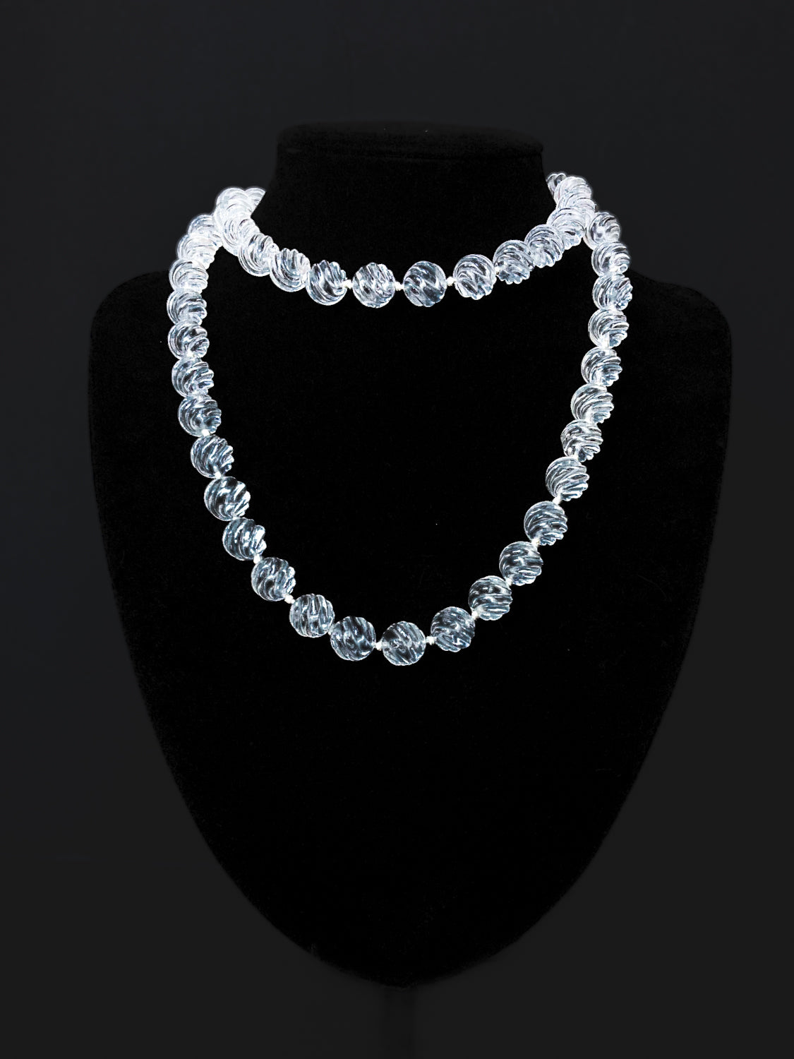 Spiral Carved Rock Crystal Hand Knotted 32" Long Beaded Rope Necklace