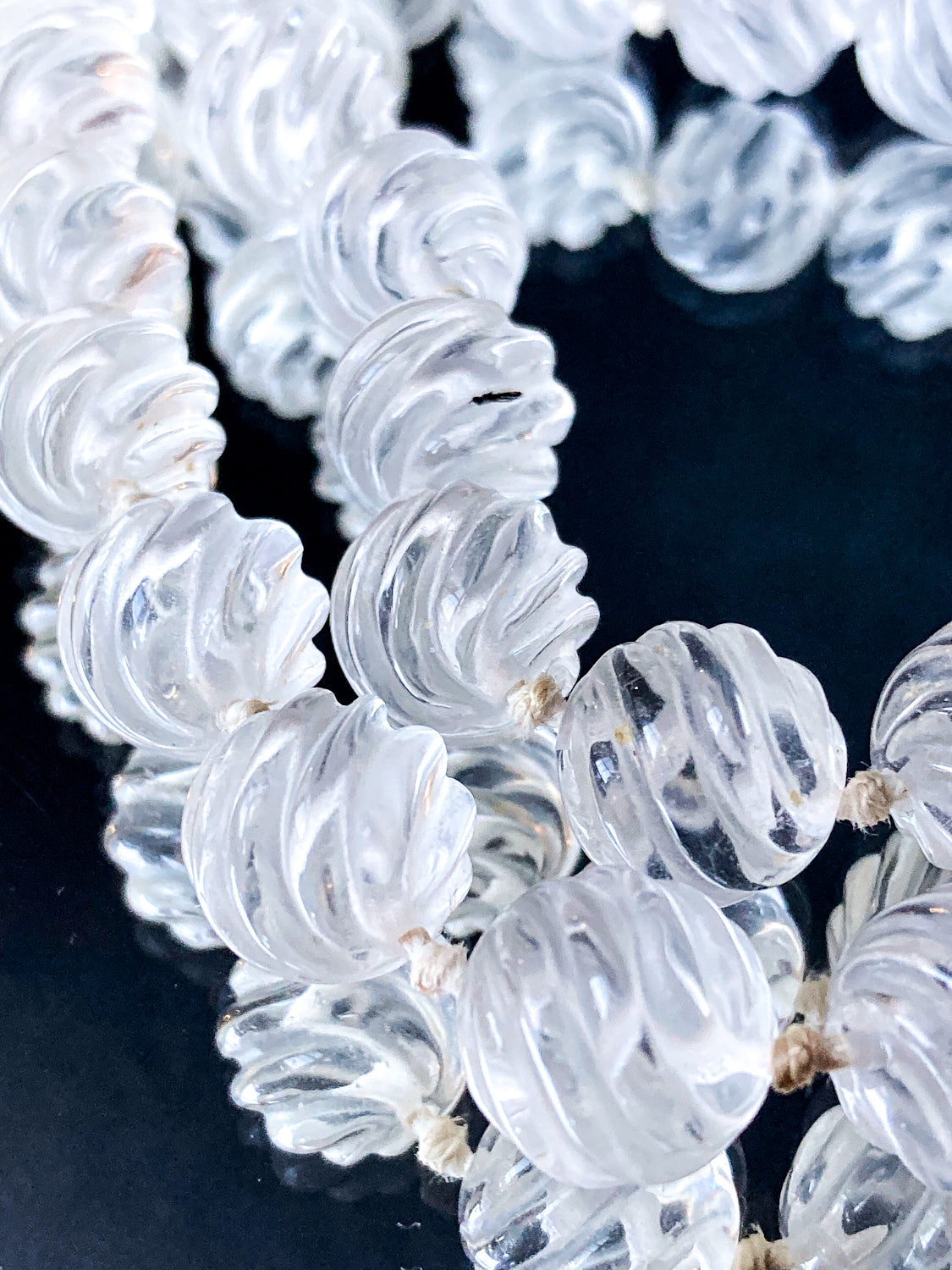 Spiral Carved Rock Crystal Hand Knotted 32" Long Beaded Rope Necklace